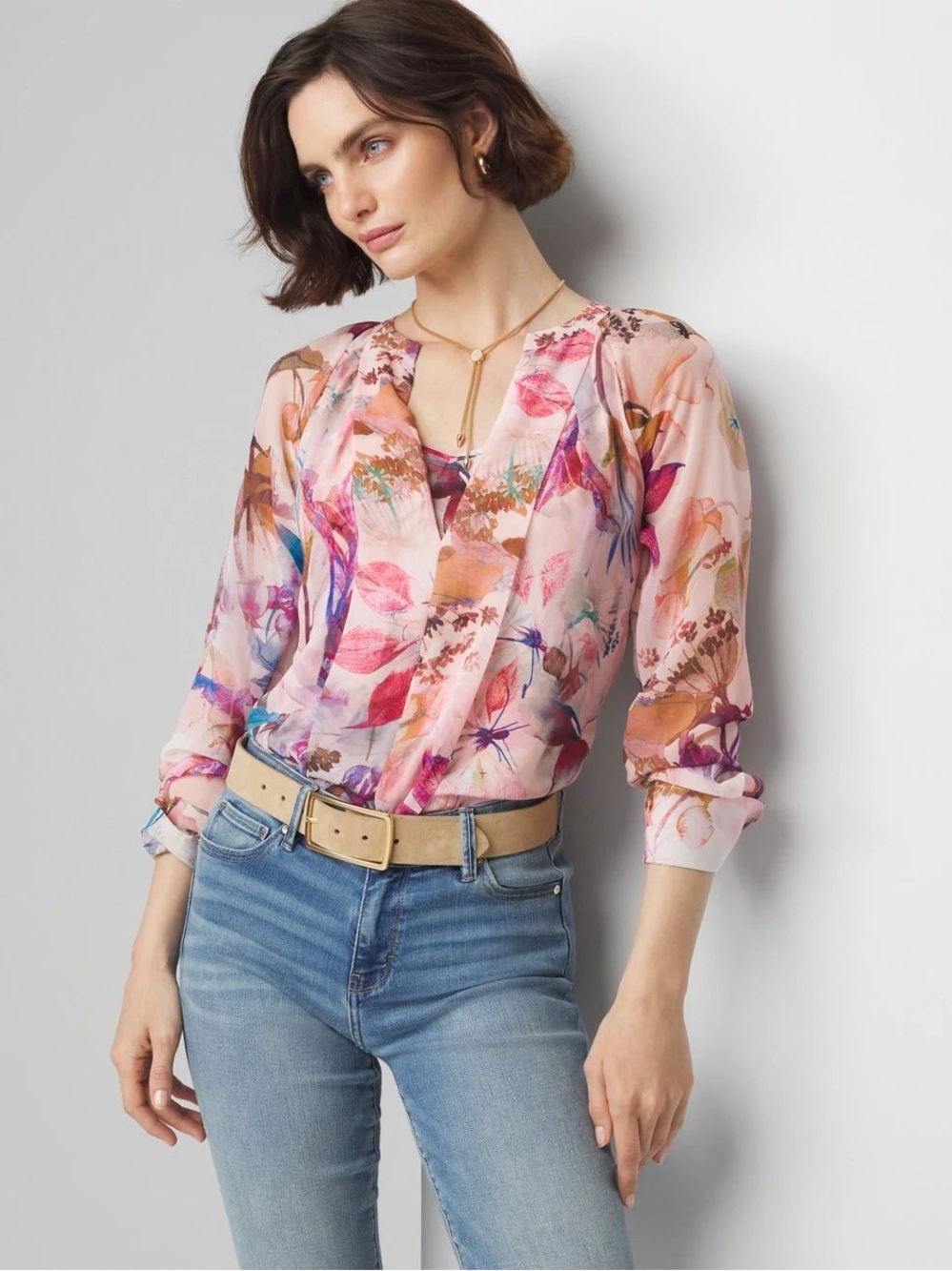 Floral Sheer V-Neck Blouse - Pink Multi